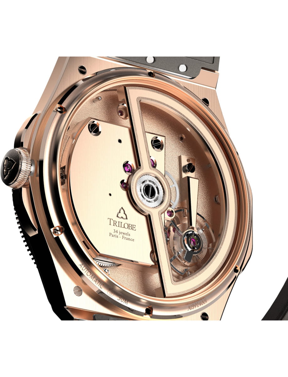Close-up of a rose-gold luxury watch movement with visible gears and purple jewels, epitomizing fine horology