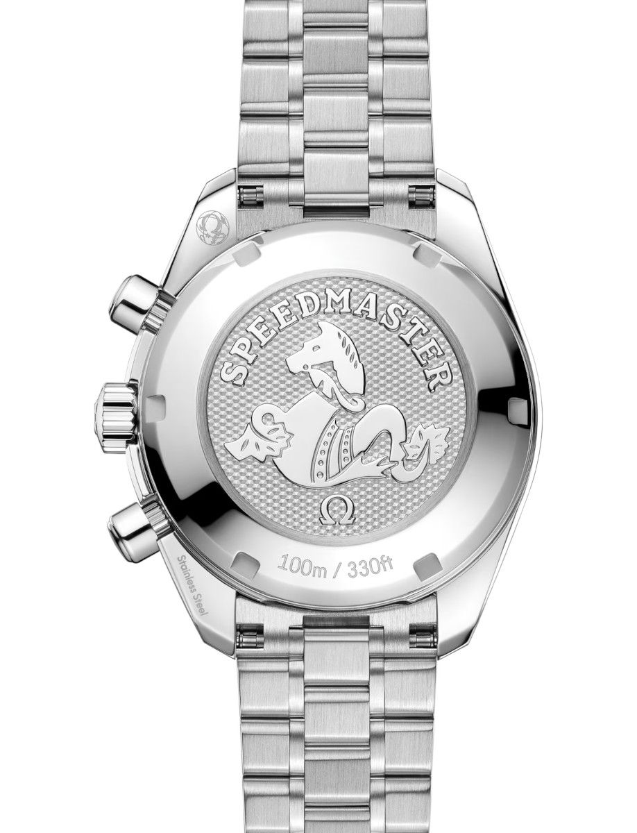 Stainless steel Speedmaster case back with engraved seahorse logo and 100m water resistance.