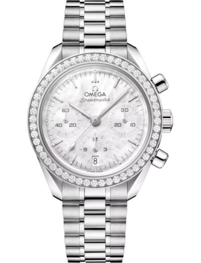 Omega Speedmaster wristwatch with a diamond-studded bezel and silver bracelet.