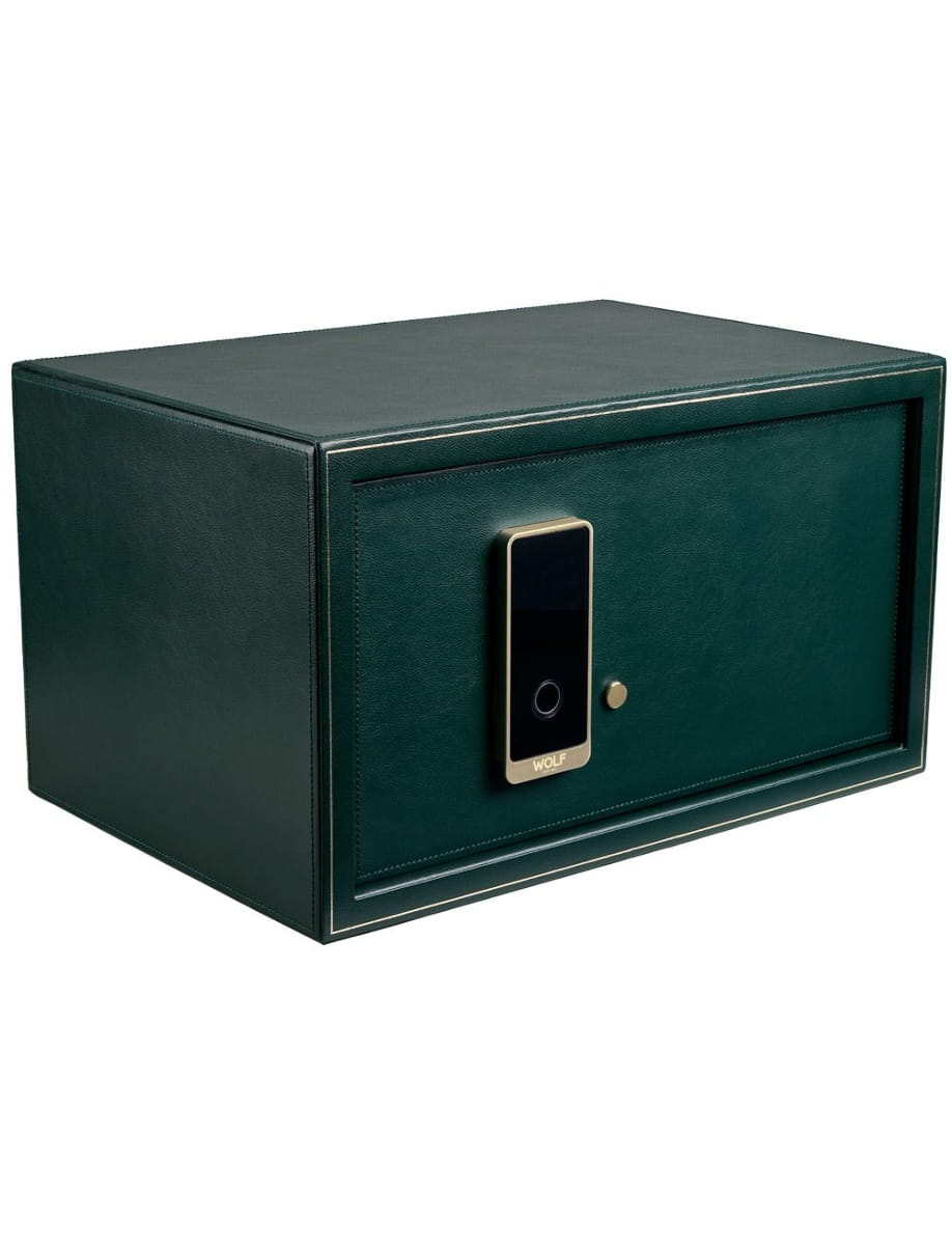 Green metal safe with a gold-framed electronic keypad on the front door and a small keyhole.
