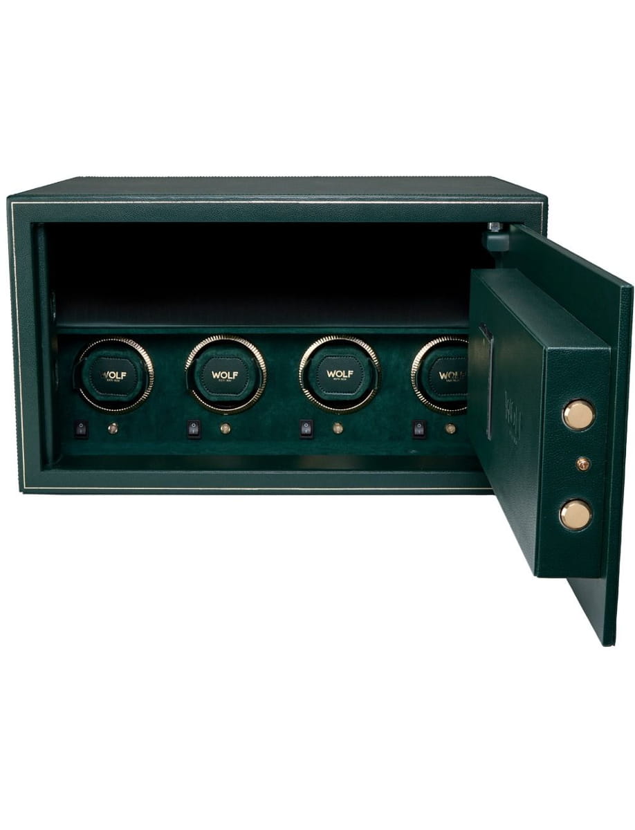 Green rectangular safe with four combination dials and the door open, exposing the empty interior.