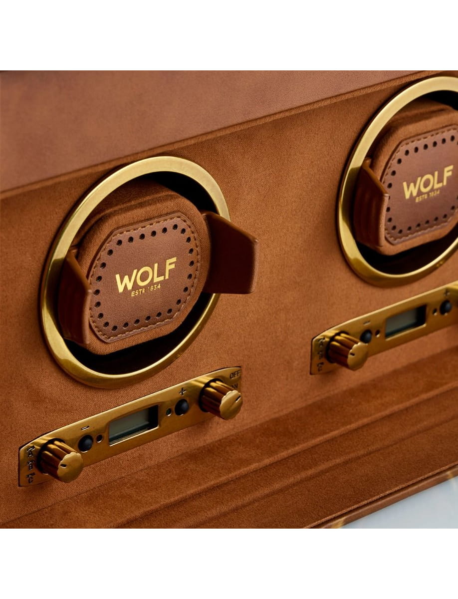 Close-up of a brown leather suitcase with circular brass latches and embossed WOLF logo patches.