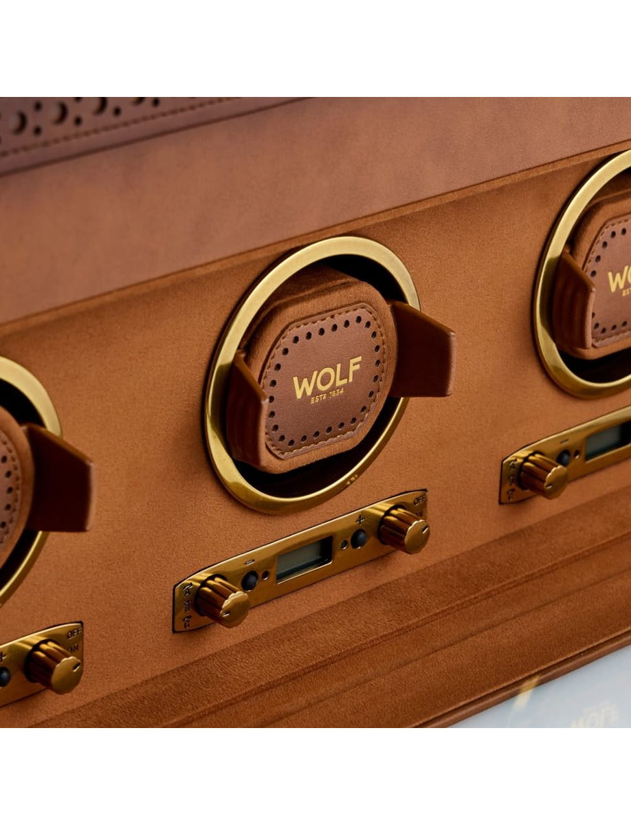 Close-up of a vintage brown leather control panel with round gold-rimmed knobs and a small display, the word 'WOLF' visible on one knob cover.