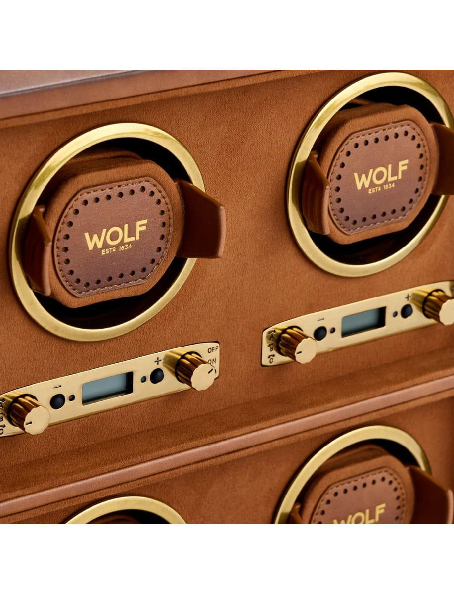 Close-up of brown leather luggage hardware with brass rings and dials labeled WOLF EST 1834