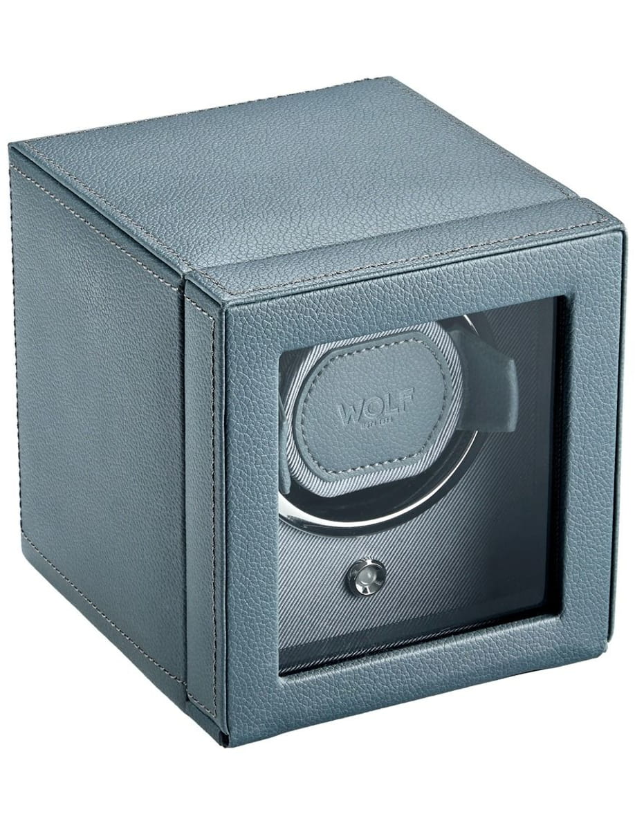 Blue textured small safe with a circular lock dial and front keyhole for securing valuables.
