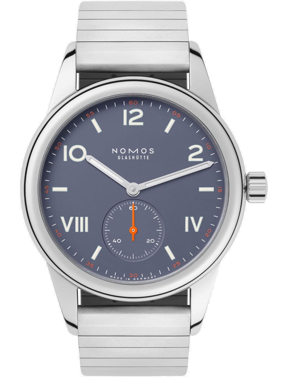 Nomos Glashütte stainless steel watch with a blue dial, silver markers, and a small orange-second subdial at 6 o'clock, and sport bracelet.