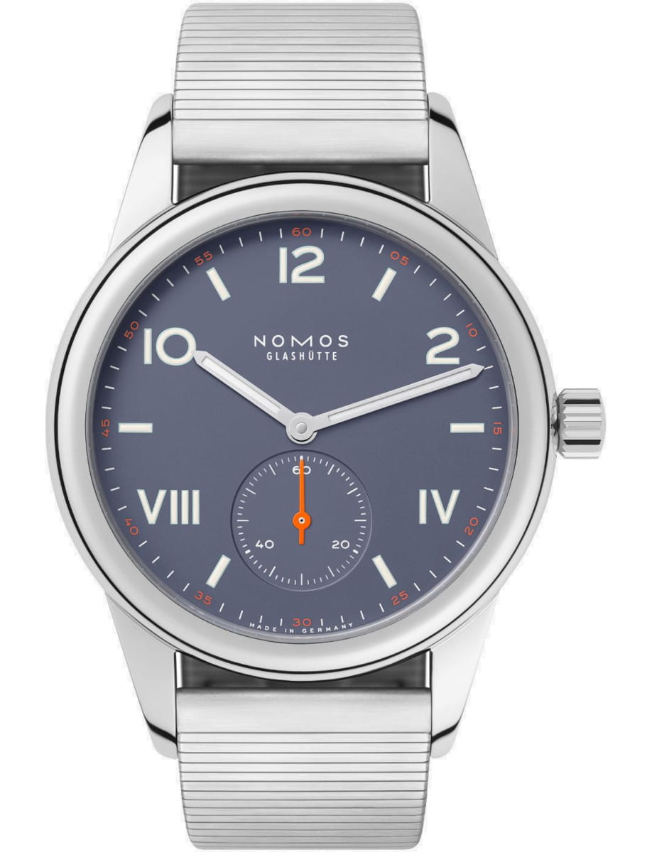 Nomos Glashütte stainless steel watch with a blue dial, silver markers, and a small orange-second subdial at 6 o'clock, and stainless steel bracelet.