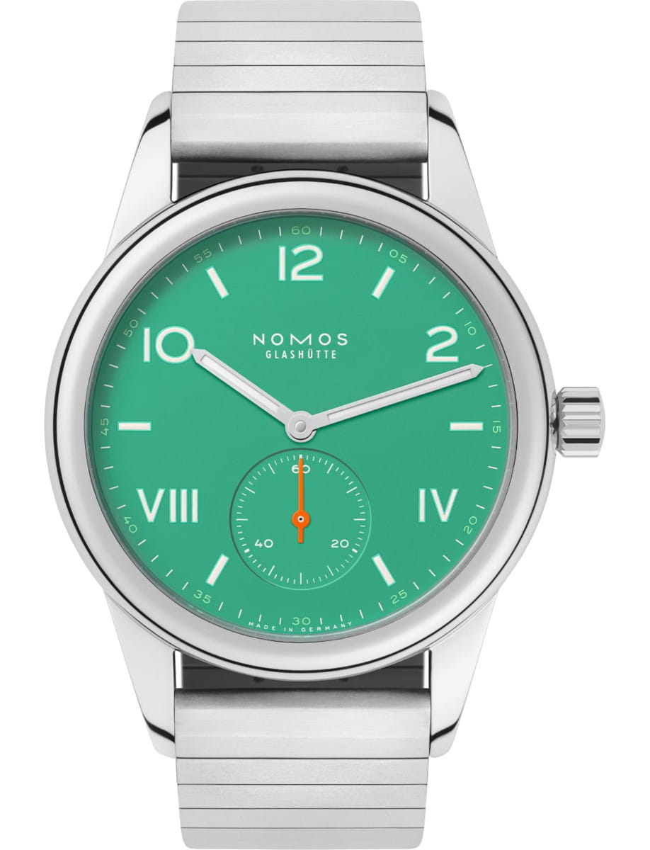 Stainless steel wristwatch with a bright green dial and white numerals, NOMOS Glashütte logo, and a small seconds subdial at 6 o'clock, and sport bracelet.