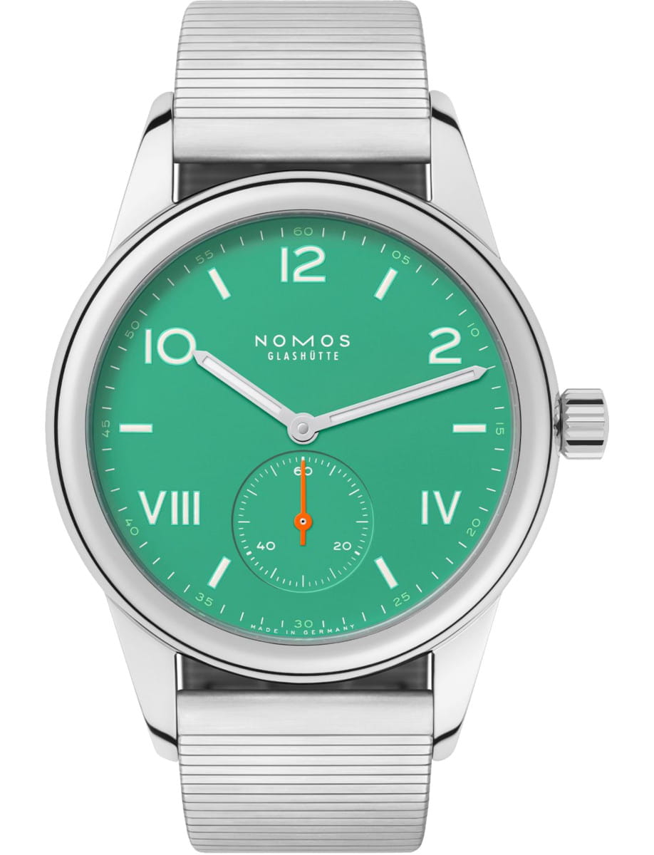 Stainless steel wristwatch with a bright green dial and white numerals, NOMOS Glashütte logo, and a small seconds subdial at 6 o'clock, and stainless steel bracelet.