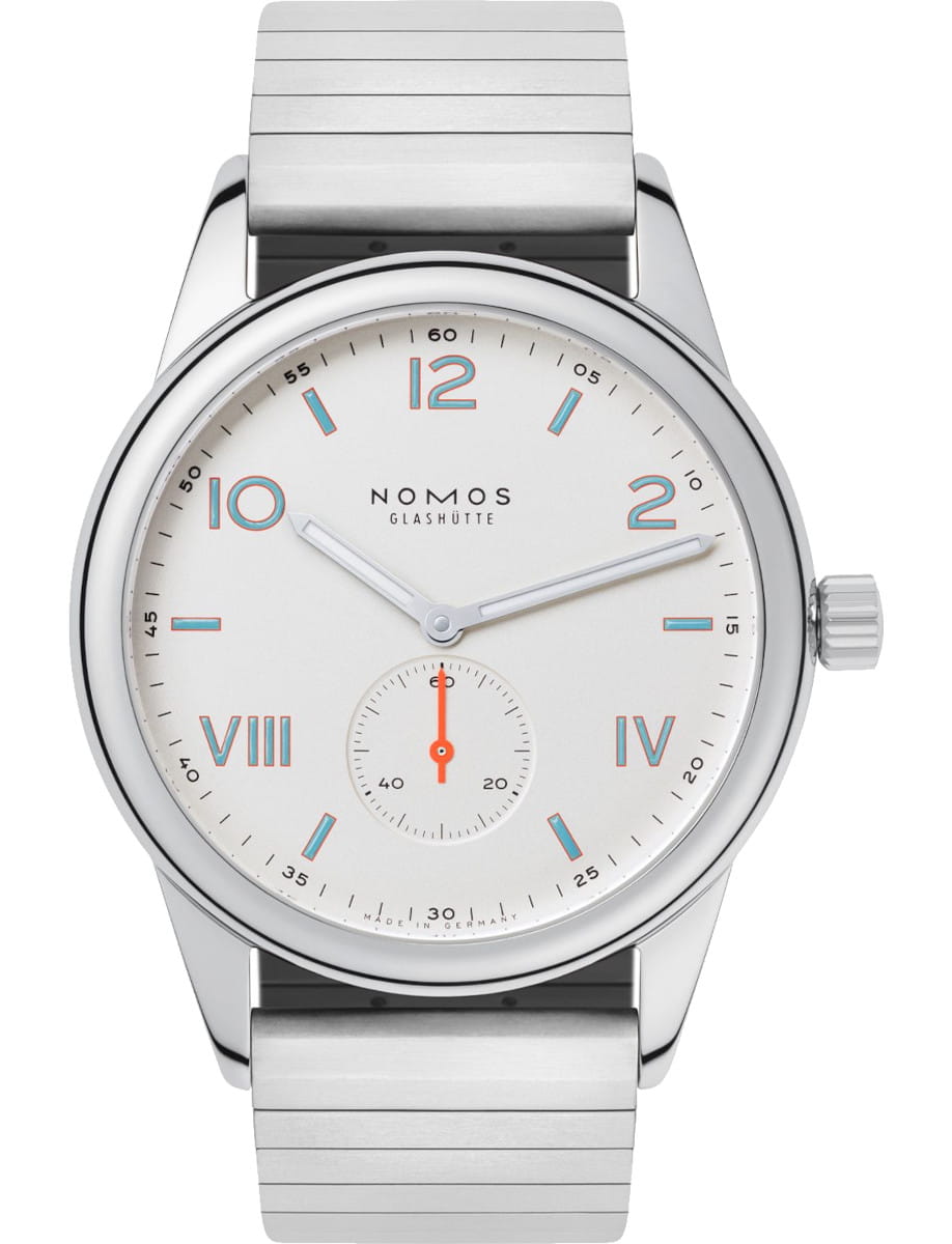 Stainless steel wristwatch with a white dial, silver hands, and a sport bracelet; NOMOS Glashütte branding visible on the face.