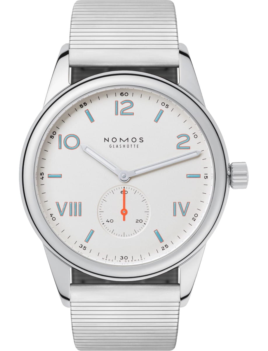 Stainless steel wristwatch with a white dial, silver hands, and a stainless steel bracelet; NOMOS Glashütte branding visible on the face.
