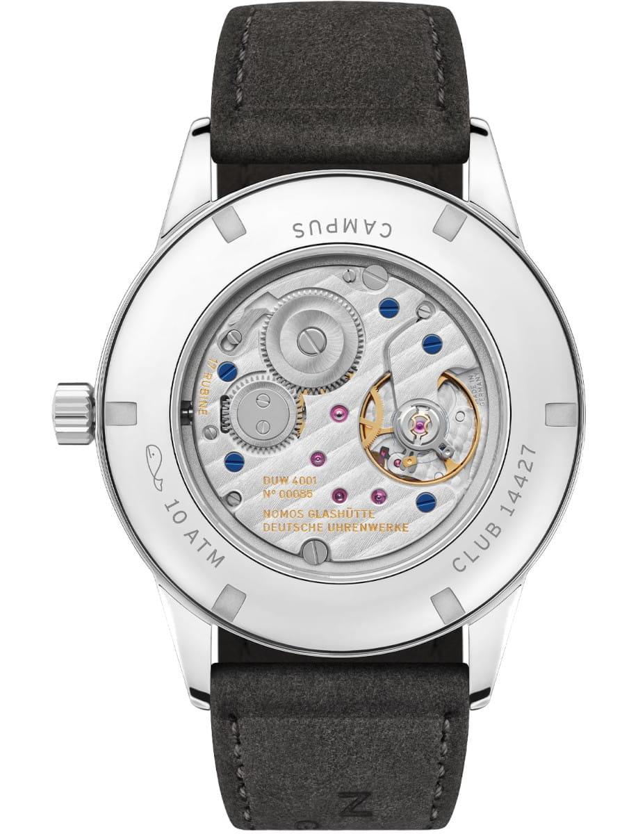 Back of a NOMOS Campus wristwatch with a transparent case revealing the mechanical movement, blue screws and gold balance wheel, attached to a dark leather strap.