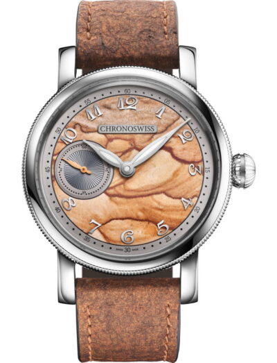 Chronoswiss steel wristwatch with a Jasper stone dial and brown leather strap.