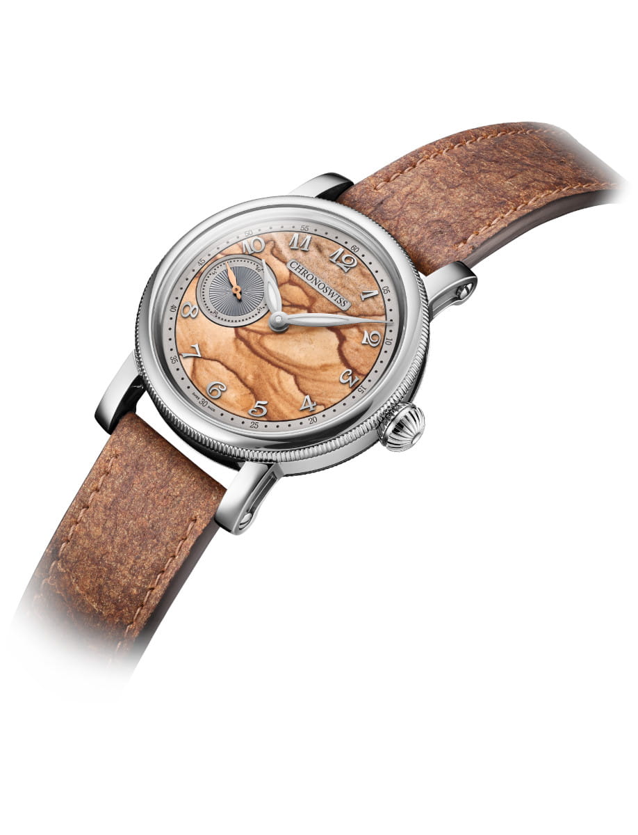 Wristwatch with a stainless steel case, Jasper stone dial, and a brown leather strap.