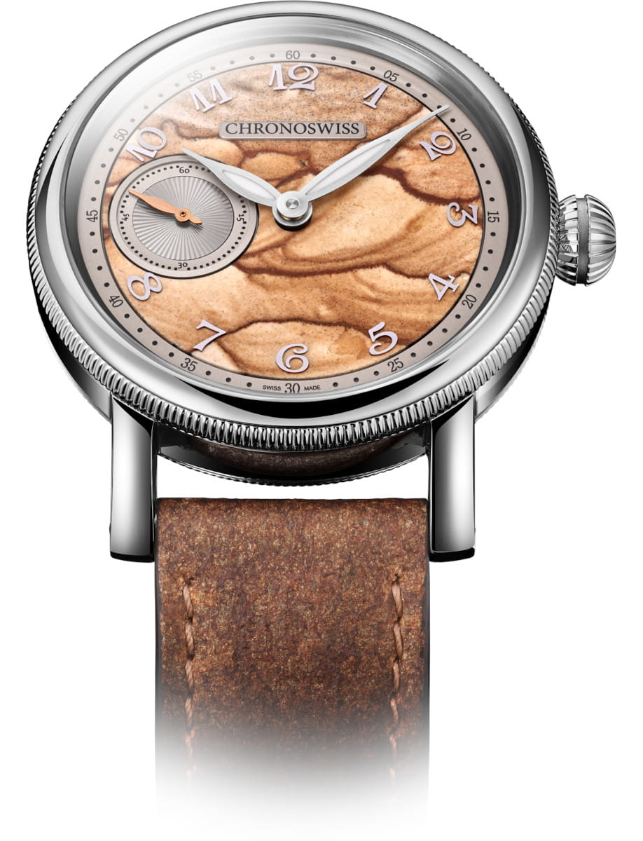Chronoswiss wristwatch with a Jasper stone dial, silver hands, a small seconds subdial, and a brown leather strap.