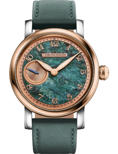 Chronoswiss luxury wristwatch with a rose-gold bezel and stainless steel case, Serpentine stone dial, and green leather strap.