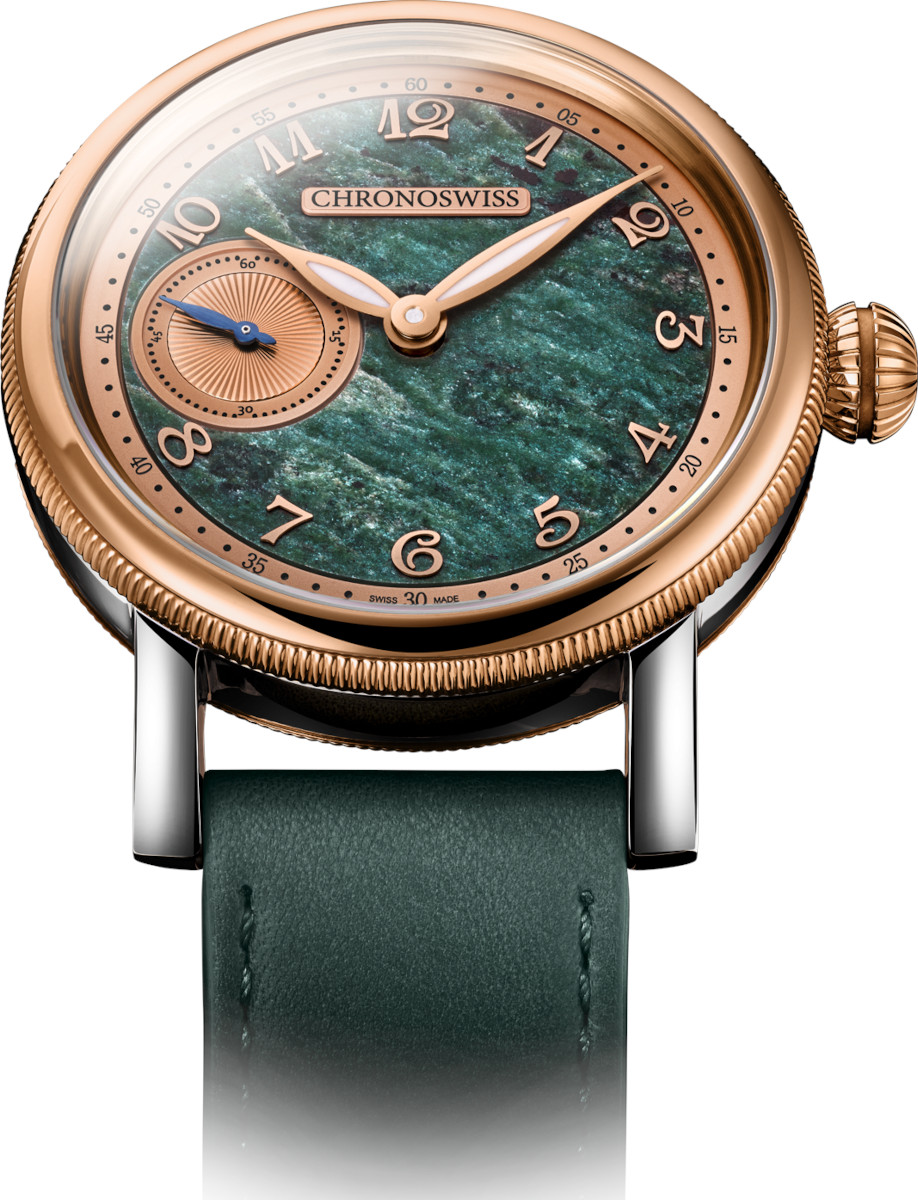 Chronoswiss wristwatch with a Serpentine stone dial, rose-gold bezel, and green leather strap.