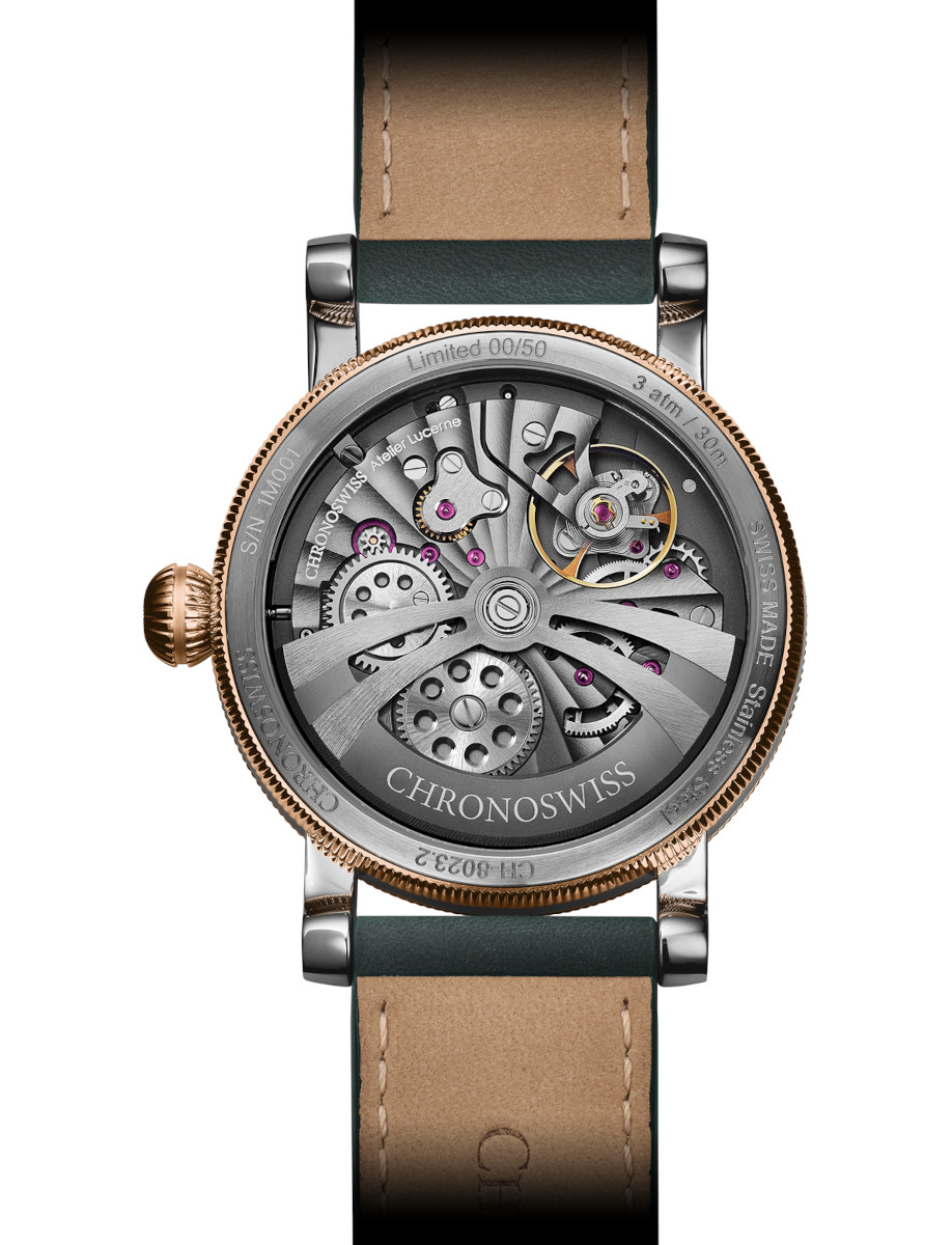 Limited edition Chronoswiss watch back showing exposed mechanical movement with gears and jewels, leather strap visible.