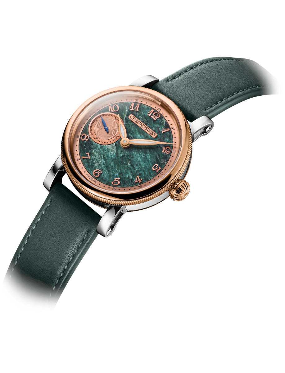 Rose gold and steel wristwatch with a Serpentine stone dial and green leather strap