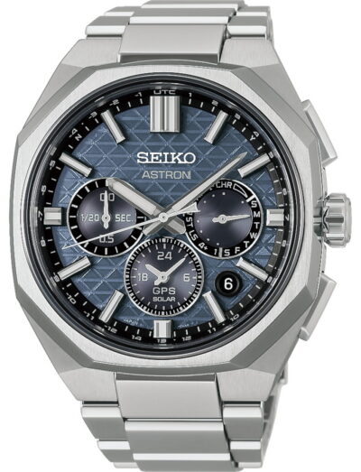Seiko Astron GPS Solar wristwatch with a blue textured dial and multiple subdials; stainless steel case and bracelet visible.