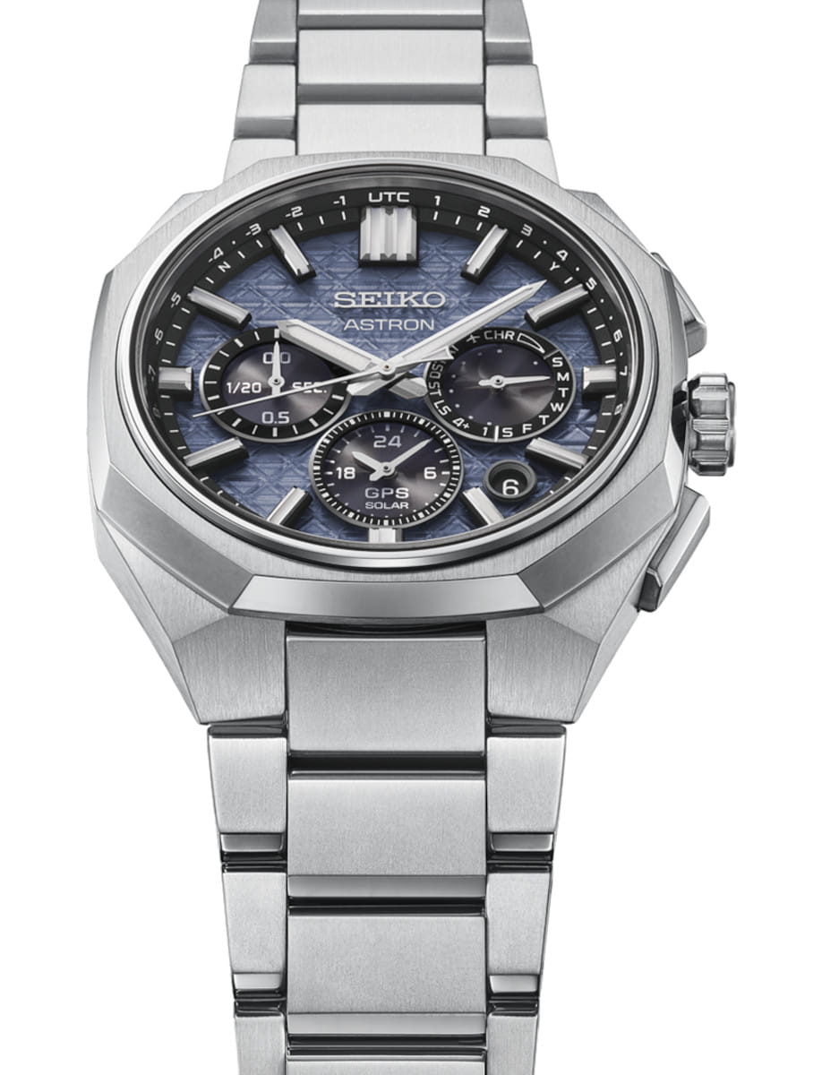 Seiko Astron stainless steel wristwatch with a blue textured dial and multiple subdials.