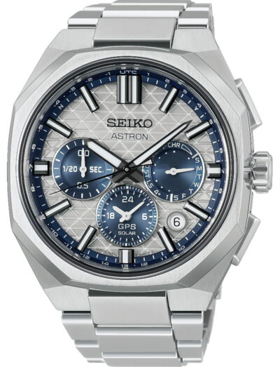 Seiko Astron GPS Solar titanium watch with a light silver dial and blue subdials.