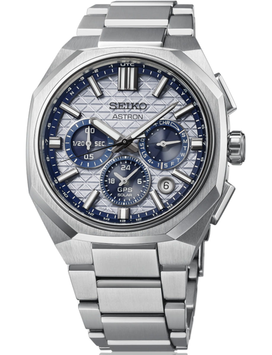 Seiko Astron GPS Solar stainless steel watch with blue dial and multiple subdials, metal bracelet key features visible: date window at 4 o'clock and crown on the right
