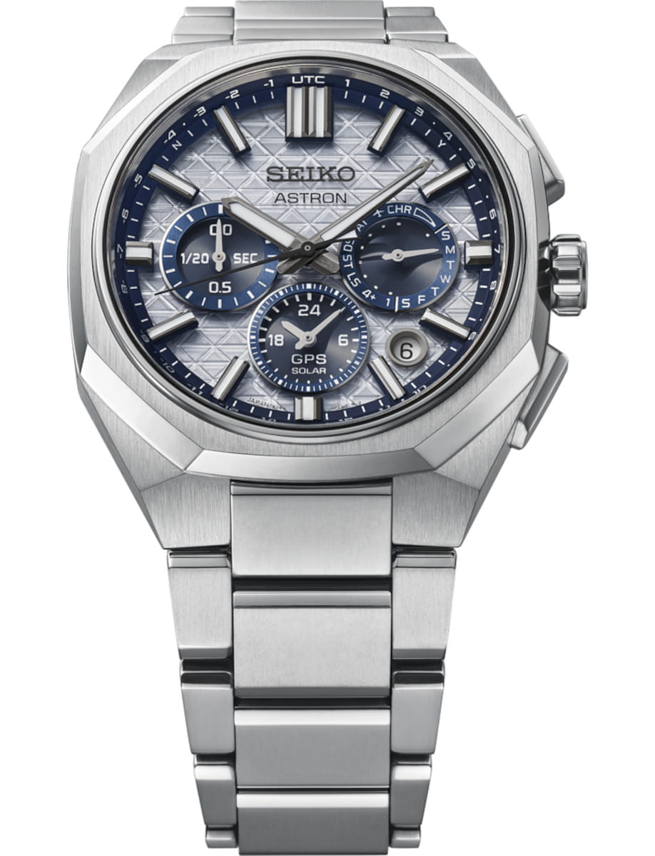 Seiko Astron GPS solar titanium watch with light silver dial and multiple subdials, front view on metal band