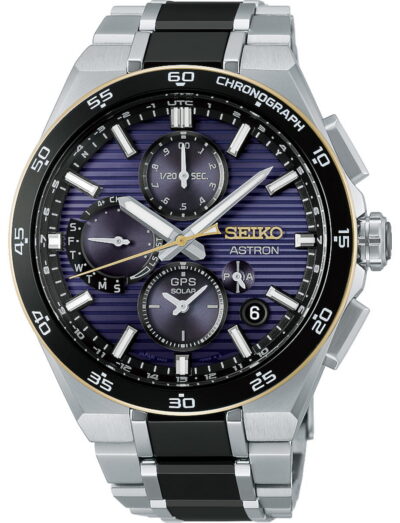 Seiko Astron titanium chronograph wristwatch with purple striped dial, multiple subdials, and a silver/black titanium bracelet.