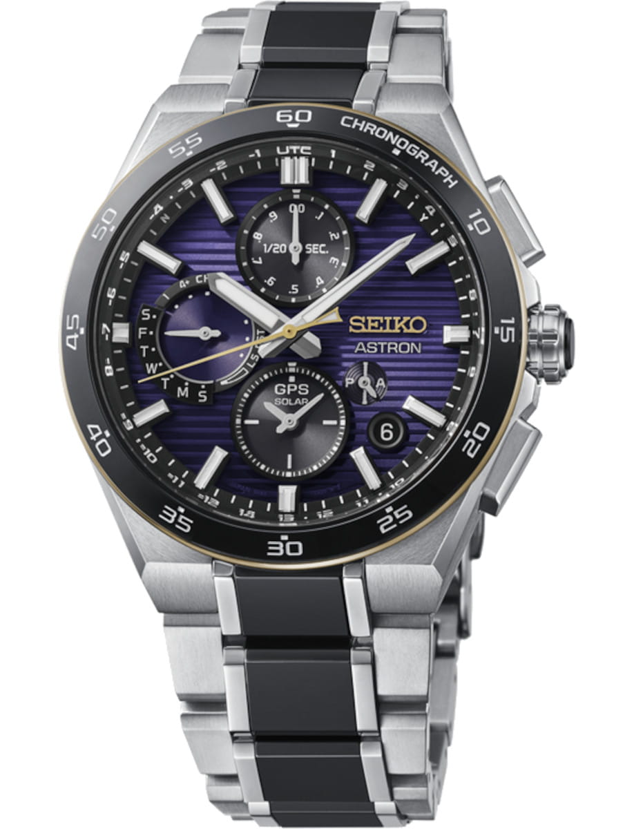 Seiko Astron titanium chronograph wristwatch with purple striped dial, multiple subdials, and a silver/black titanium bracelet.