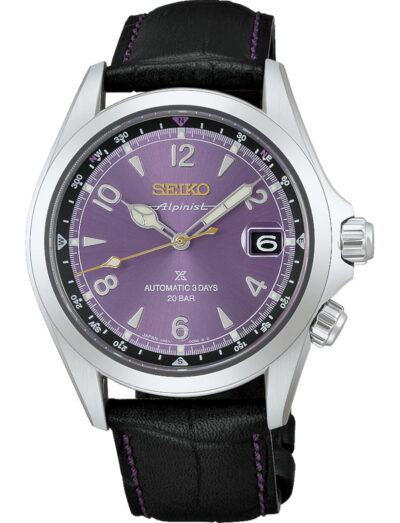 Seiko Alpinist automatic watch with a purple dial, stainless steel case, and black leather strap with purple stitching.
