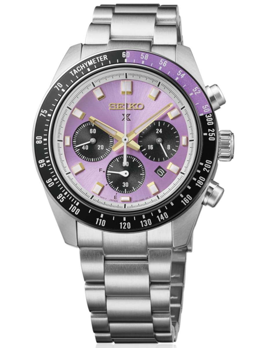 Seiko stainless steel chronograph watch with purple dial and black tachymeter bezel.