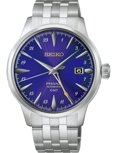 Seiko Presage automatic GMT wristwatch with a blue sunburst dial, date window at 3 o'clock, and stainless steel bracelet.
