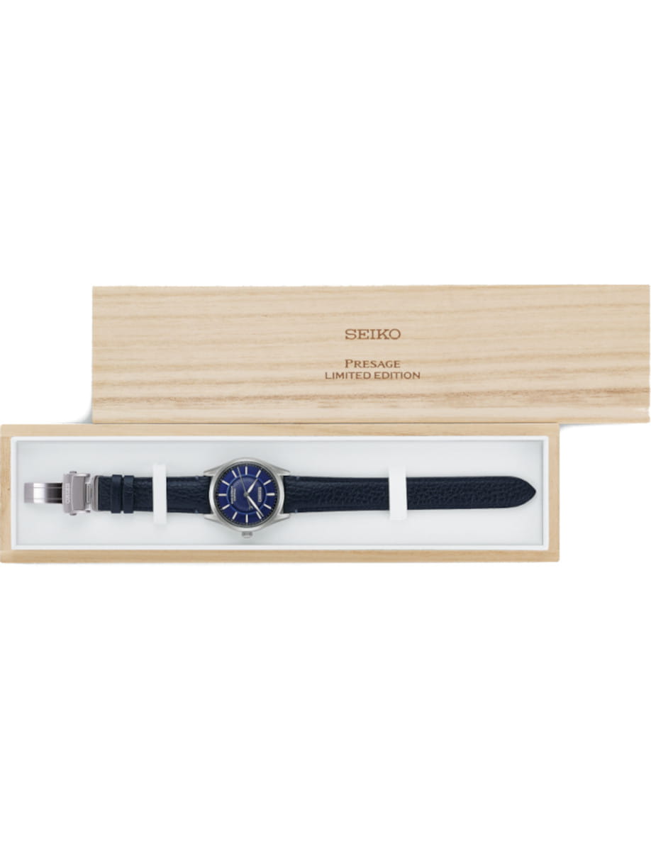 Seiko Presage limited edition wristwatch with blue dial in an open wooden presentation box