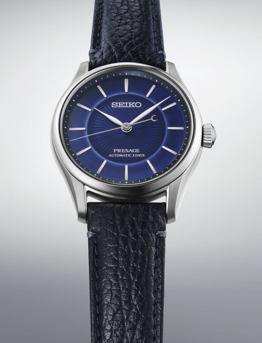 Seiko Presage automatic watch with a cobalt blue dial, and a cow leather strap.