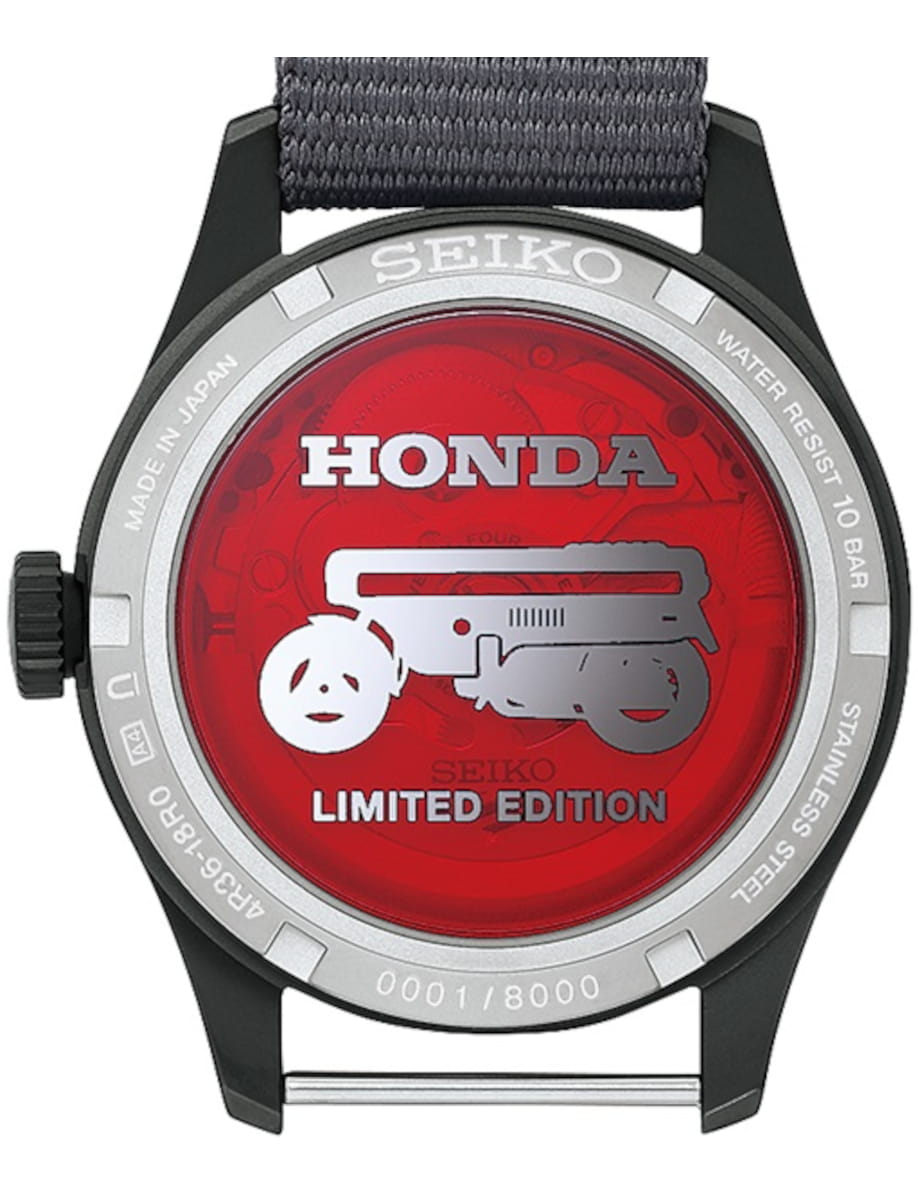 Back of a Seiko watch with a red transparent cover displaying the Honda logo and 'Limited Edition' text.