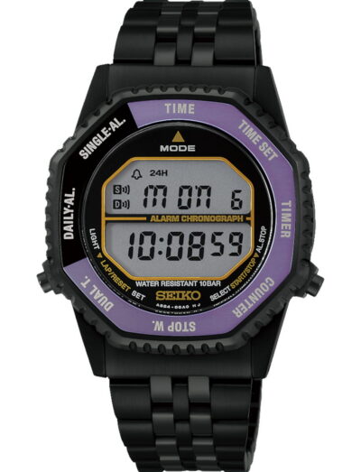 Seiko black digital sports watch with a purple bezel and metal link bracelet, displaying time on an LCD screen.