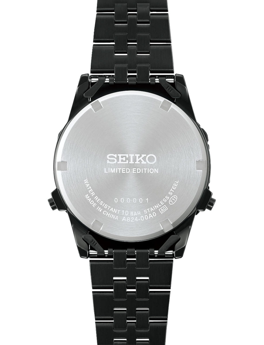 Back of a Seiko Limited Edition stainless steel watch with a black bracelet; engravings note water resistance 10 bar and Made in China, serial 000001