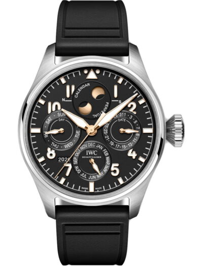 IWC Swiss luxury wristwatch with black dial, gold-tone hands, and a black strap featuring multiple subdials and calendar indicators.