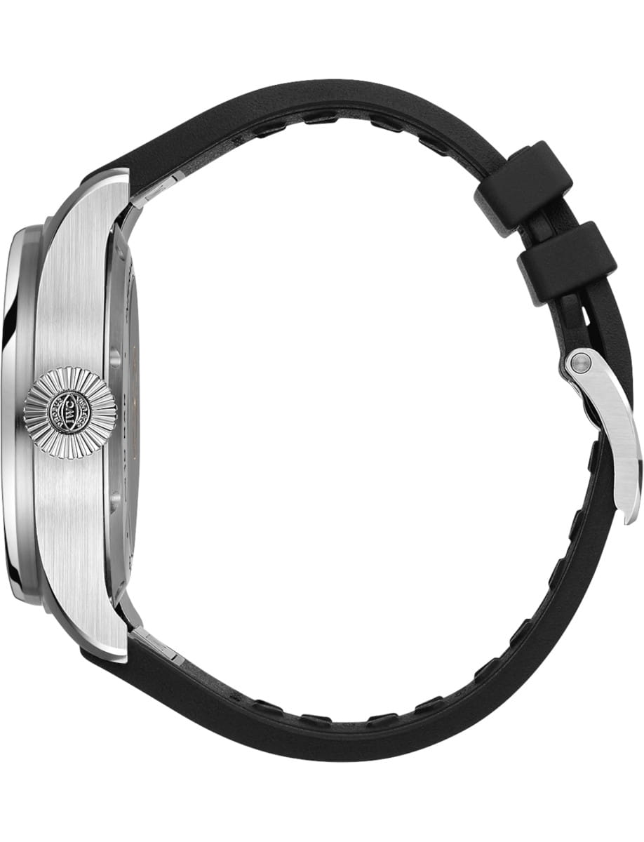 Side view of a silver wristwatch with a textured crown and black rubber strap, shown in profile