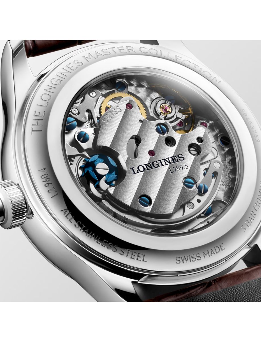 Exhibition case back of a Longines Swiss-made mechanical watch showing gears and blue screws