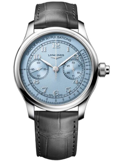 Longines wristwatch with stainless steel case, frosted blue dial and alligator leather strap