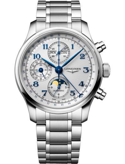 Longines stainless steel chronograph watch with blued numerals and hands, multiple subdials, moon phase indicator, and a metal bracelet. | Feldmar Watch Co. Longines stainless steel chronograph watch with blued numerals and hands, multiple subdials, moon phase indicator, and a metal bracelet.