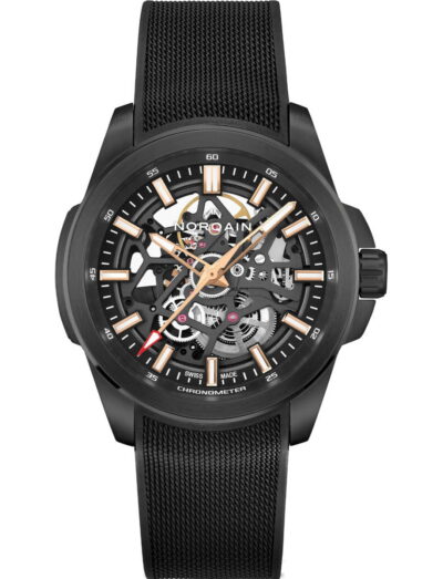 N300007T01B03 | Feldmar Watch Co. Skeleton-style black wristwatch with exposed gears and rose-gold hands, mesh strap, and bold hour markers