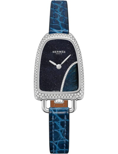 Hermes wristwatch with stainless steel case, aventurine and falcon's eye dial and blue alligator leather strap