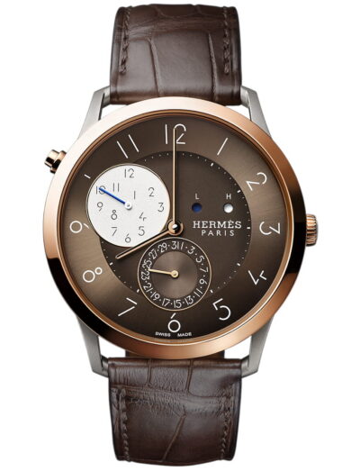 Hermes wristwatch with rose gold with microblasted titanium case, brown dial and alligator leather strap | Feldmar Watch Co. Hermes wristwatch with rose gold with microblasted titanium case, brown dial and alligator leather strap