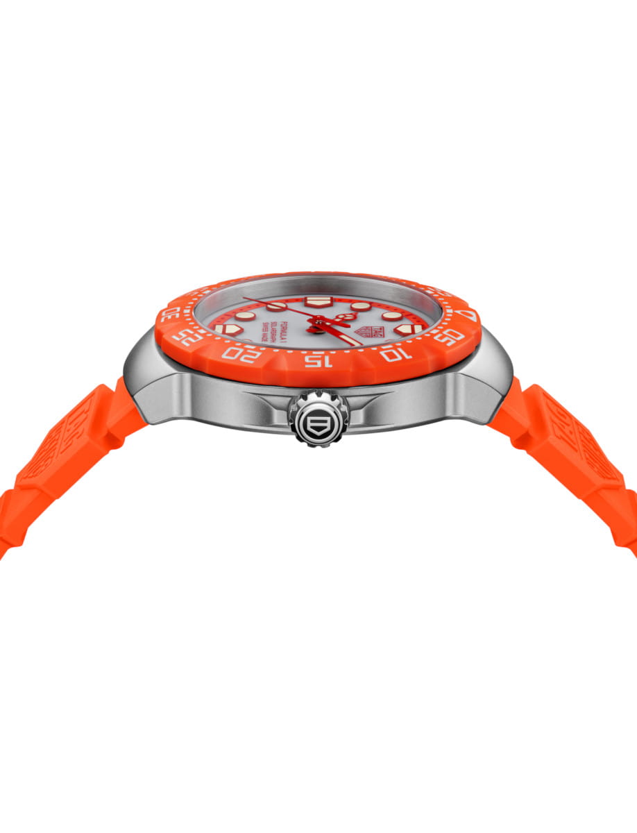 Orange sports wristwatch with a stainless steel case and bright orange bezel, shown from the side.
