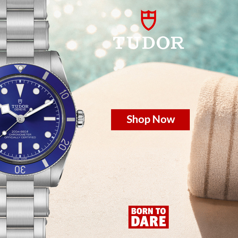 Tudor watch ad: blue dial stainless steel diver watch beside a beach scene with 'Shop Now' button and 'Born to Dare' slogan.