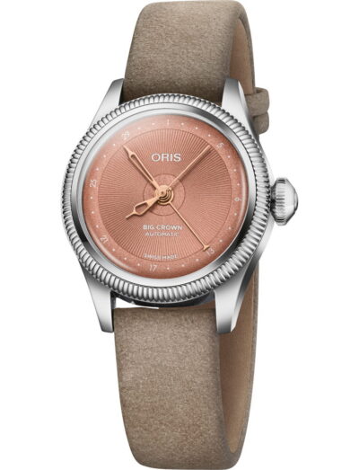 Oris Big Crown automatic wristwatch with stainless steel case, a pink dial and brown leather strap.