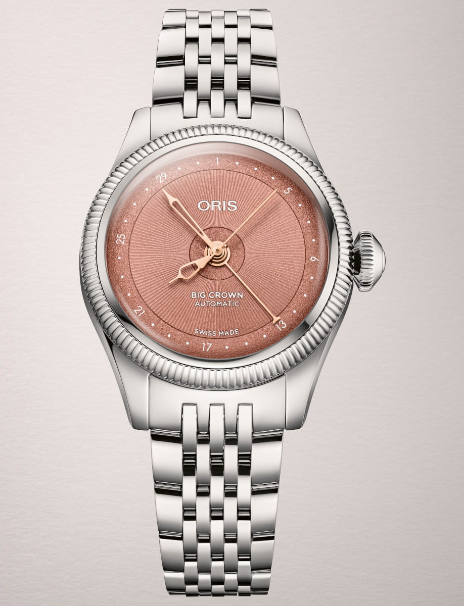 Front view of Oris Big Crown automatic wristwatch with a pink textured dial and stainless steel link bracelet